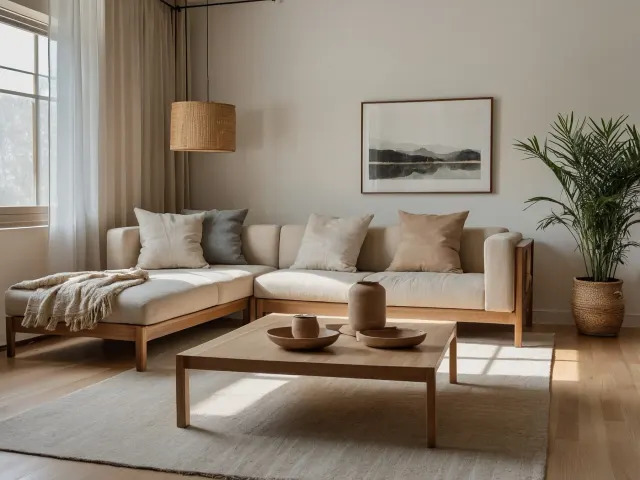 Cozy neutral living room with a linen sofa, wood coffee table, and light hardwood flooring.